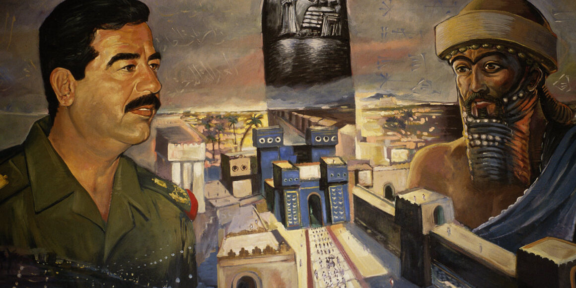 Political painting depicting the influence that Mesopotamian rule had on dictator, Saddam Hussein's rise to power in Iraq.