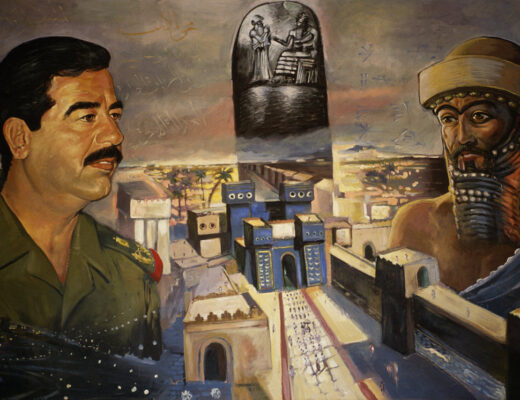 Political painting depicting the influence that Mesopotamian rule had on dictator, Saddam Hussein's rise to power in Iraq.